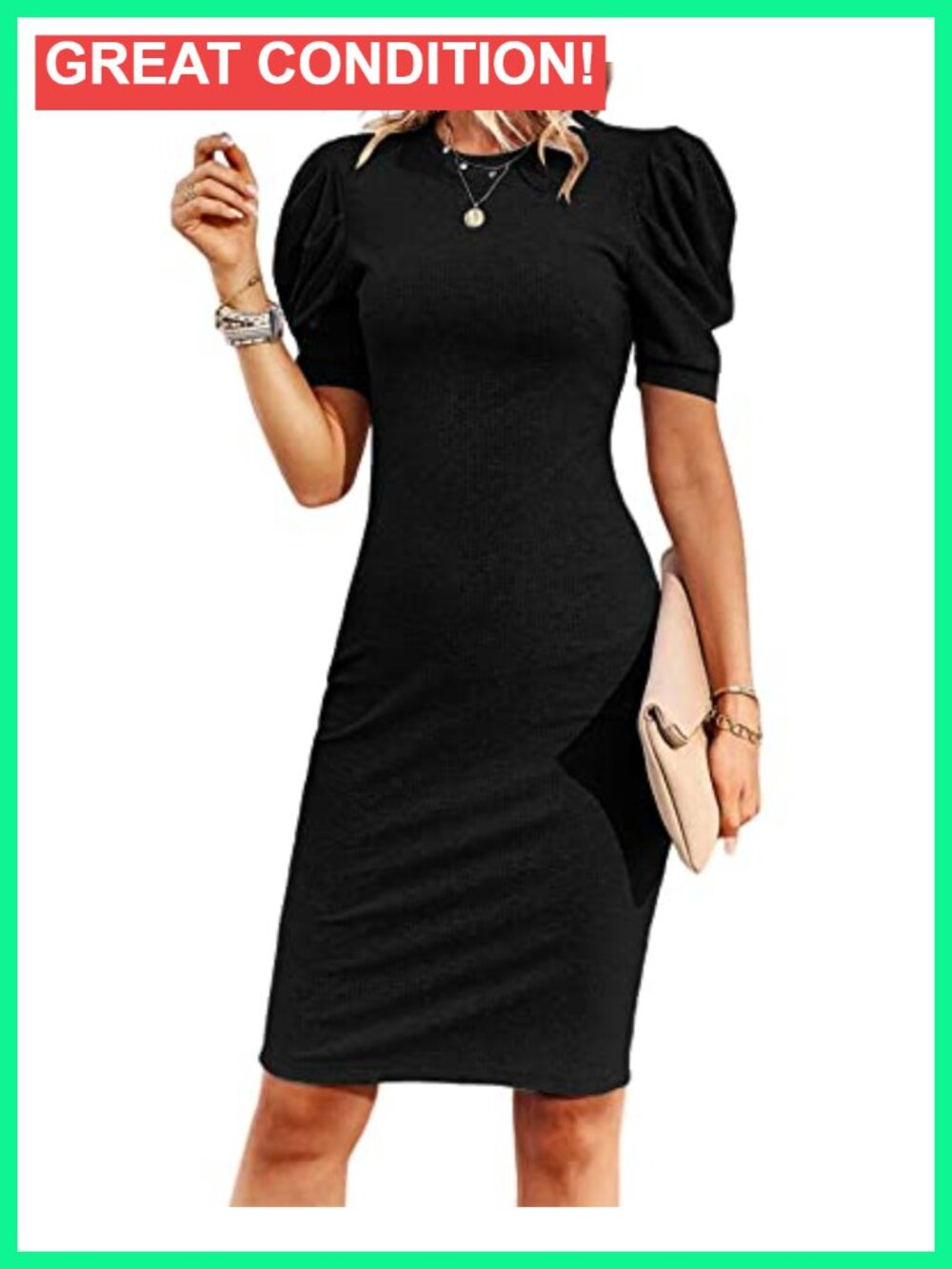 Puff Sleeve Bodycon Work Dress Crew Neck Pencil Dress